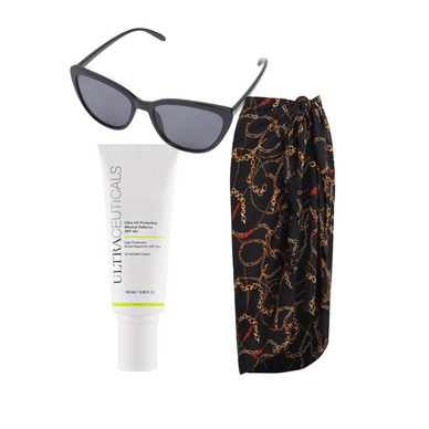 The Never Ending Summer Set includes:
Ultra UV Protective Daily Mineral Defence SPF 50+ (3.38oz) by Ultraceuticals
This new Ultra UV Protective Mineral Defence SPF 50+ sunscreen is ideal for daily protection from the sun to help maintain good skin health and reduce the risk of early skin aging.
The formulation contains the mineral UV filter Zinc Oxide and no other UV filters. It provides broad-spectrum, high protection of SPF 50+ in a light-weight formula that does not contain nanoparticles.
Corsica Sarong by Walter Baker in Chain OR Magnolia
Whether worn as a maxi skirt, a halter dress, an asymmetrical top, or some other creative configuration, this georgette sarong will bring the yacht vibes wherever you are—from the beach to brunch and beyond.
55” x 40”
12” straps on each side
Nina Sunglasses by Rachel Zoe in Black OR Taupe
With a slightly oversized take on the classic cat eye shape, these sunnies are flattering to all faces and pair perfectly with your summer wardrobe favorites.