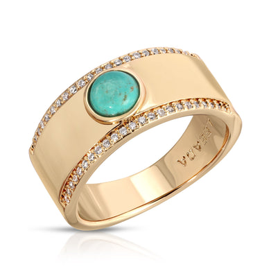 The Fortuna ring is the perfect statement piece with a thick cigar band and large genuine stones. 14k gold plated over brass with genuine turquoise and cz accents. Available in sizes 6, 7, 8 Fulfilled by our friends at Leeada *Please Note: This item is not eligible for returns This item cannot be shipped outside the U.S.