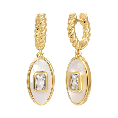 Classic mother of pearl and clear czs, mixed together in a modern shape 14k gold plated over brass drop earrings with genuine Mother of Pearl and cz baguette accent Fulfilled by our friends at Leeada *Please Note: This item is not eligible for returns This item cannot be shipped outside the U.S.