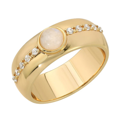 Luminescent moonstone and bright white cz's bring this gorgeous ring to life. A touch of vintage for today's world. This isn't your grandma's statement ring. Materials: 14k gold-plated over brass, genuine Moonstone with white cz accents Available in sizes 6, 7, 8 Fulfilled by our friends at Leeada *Please Note: This item is not eligible for returns This item cannot be shipped outside the U.S.