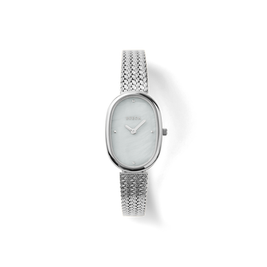 The Tethered collection exists as a daily reminder of our human connection and our shared memories intertwined, endlessly collapsing together. The Jane (Tethered) carries a delicate 23mm oval case, champagne mother of pearl dial and a tapered woven mesh bracelet that fastens with a quick release clasp. Mother of Pearl is a product of nature, there will be variances in texture on each dial. Fulfilled by our friends at BREDA *Please Note: Rewards cannot be applied to this product This item is not eligible for returns This item cannot be shipped outside the U.S.