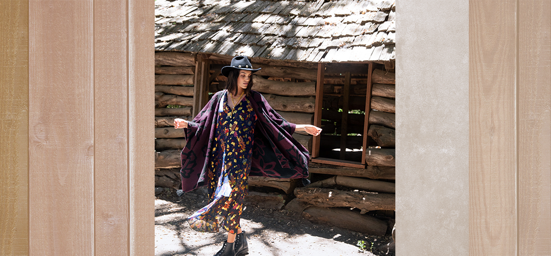 Long printed dress styled with a western hat
