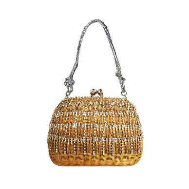 Light Honey-Silver 

Bag: 100% wicker
Lining: 100% polyester
7.8”L x 2.3”W x 5.9”H
Rounded  clasp  in metal plated gold 18k
Magnetic closure
With two detachable straps: Crystal strap and a crossbody in caramel leather

 Light Honey-Crystal 

Bag: 100% wicker
Lining: 100% pvc
7.8”L x 2.3”W x 5.9”H
Rounded  clasp  in metal plated gold 18k
Magnetic closure
With two detachable straps: crystal strap and a crossbody in caramel leather

Light Honey 

Bag: 100% wicker
Lining: 100% pvc
7.8”L x 2.3”W x 5.9”H
Rounded  clasp  in metal plated gold 18k
Magnetic closure
Beaded tassel
With two detachable straps: beaded and a crossbody in caramel leather

  