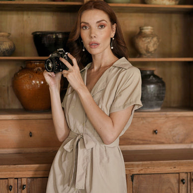 Embark on a new journey with this elegant travel-ready Arya Safari Midi Dress. Enjoy the comfort and durability of our natural woven Linen fabric, the go-to fabric for spring summer. With its moisture-wicking and quick-dry feature, this dress is made for every travel destination whether you're exploring the open savanna or sightseeing in the city. 
Completed with button-down closure, a belt, and 2 spacious pockets on each side to keep your travel essentials. Sewn by local artisans in Bali who work from the comfort of their homes while nurturing their families. 
DETAILS • Composition: 100% Linen • Color: Savanna Beige • Care Instruction: machine wash in cold water, iron in low-temperature. • Made by artisans in Bali 
Fulfilled by our friends at BrunnaCo 

*Please Note: 

Rewards cannot be applied to this product
This item is not eligible for returns 
