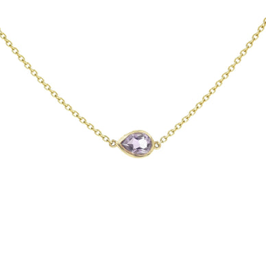 Amethyst Pear Shape East West Necklace, 14K Yellow Gold, 1.35 medium round cable chain 18'' with options at 16'', set with 1.7 CTW of Amethyst  
Fulfilled by our friends at BONDEYE JEWELRY ® 
*Please Note: 

Rewards cannot be applied to this product
This item is not eligible for returns 
This item cannot be shipped outside the U.S.
