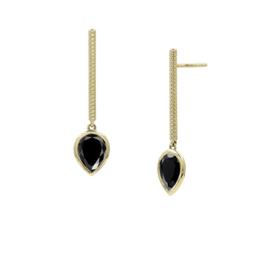 Black Onyx Pear Cut Jollie Gold Bar Earrings, 14k Yellow Gold, set with 2.2 ctw of Black Onyx 
Fulfilled by our friends at BONDEYE JEWELRY ® 
*Please Note: 

Rewards cannot be applied to this product
This item is not eligible for returns 
This item cannot be shipped outside the U.S.
