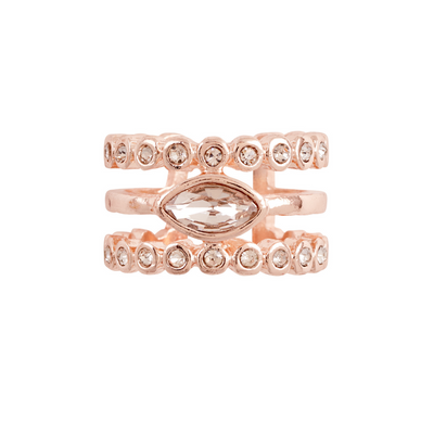 

Combining her love for delicate stacking and statement cocktail rings, Rachel tapped female-led brand Luv AJ to design an exclusive style for Box members this holiday season. Available in either rose or yellow gold (your choice!), the triple-band style is open in the back to allow you to wear it on any finger. Delicate pave stone bands flank the center marquise stone, a trend-forward vintage cut, for refined sparkle that retails for $85. Wear it alone or mix and match with your other favorite styles to elevate casual or evening ensembles.Take the guesswork out of jewelry layering with this pre-stacked piece. There are no rules here, wear it on any finger.