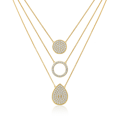 
Pave CZ Triple Layer Necklace 
• 14K Yellow Gold Plated 
• 14-20" Long 
• Pendants: Round Disc, Open Circle, Teardrop 