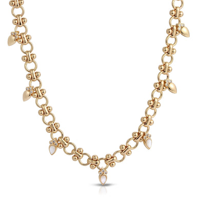 Channel your inner goddess with this gorgeous chain necklace accented with genuine Mother of Pearl drops and cz sparkles. 
14k gold plated over brass necklace with genuine Mother of Pearl with cz accents, Length: 16" + 2" 
Fulfilled by our friends at Leeada 
*Please Note: This product cannot be shipped outside of the U.S. 