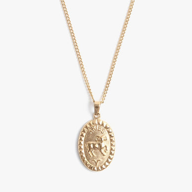 Representing the first symbol and fire sign in the zodiac, our Aries Pendant features a galloping ram, embodying the spirit of battle. Surrounded by our signature MC Melrose studded border, the Aries name and ram image are also accompanied by the Aries symbol of the ram’s horns. A gorgeous ovular pendant hung from a delicate curb link chain, this 16” necklace comes complete with a 2” extender — giving you all the layering options in one hypoallergenic and water resistant piece that you can put on and never take off. A favorite necklace to gift to others — we highly recommend pairing the Aries Pendant with our Aries Print for the complete birthday set. 

March 21 - April 19 
16" length, 1" extender 
0.5" pendant

Fulfilled by our friends at MARRIN COSTELLO 

Please Note: Rewards cannot be applied to this product 