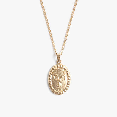 A mythological creature and Cardinal sign, the Capricorn is an Earth sign known for their ambition, organization, practicality, and hustle. Symbolizing the Capricorn’s ability to rise above watery emotional undercurrents whilst also scaling steep mountainous terrains, our Capricorn Pendant is represented by the head of a sea goat. Surrounded by our signature MC Melrose studded border, the Capricorn name and symbol is also accompanied by its respective glyph — a symbol of a single line marking a goat with the tail of a fish in a loop, representing the spirit. A gorgeous ovular pendant hung from a delicate curb link chain, this 16” necklace comes complete with a 2” extender — giving you all the layering options in one hypoallergenic and water resistant piece that you can put on and never take off. A favorite necklace to gift to others — we highly recommend pairing the Capricorn Pendant with our Capricorn Print for the complete birthday set. 

December 22 - January 19
16" length, 1" extender 
0.5" pendant 
 Fulfilled by our friends at MARRIN COSTELLO

Please Note: Rewards cannot be applied to this product

